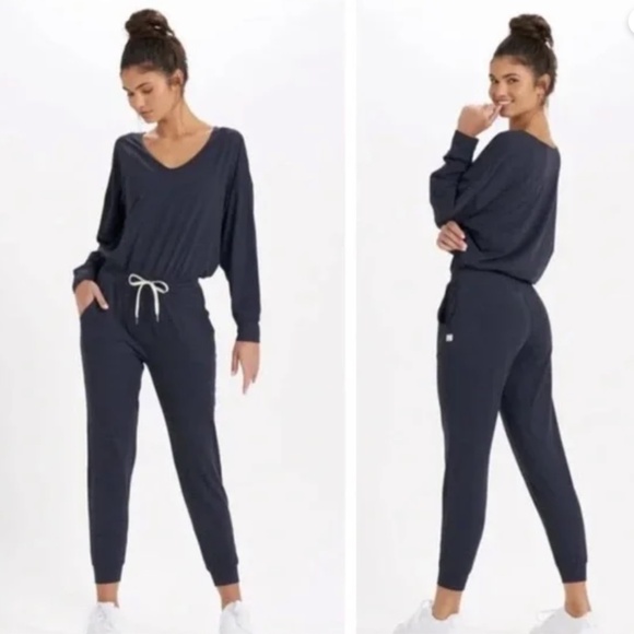 VUORI Lux Long Sleeve V-Neck Jogger Jumpsuit Midnight Heather Blue - Picture 2 of 10